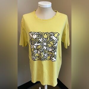 Keith Haring short sleeve crew neck yellow 100% Cotton tee tshirt womens size XL